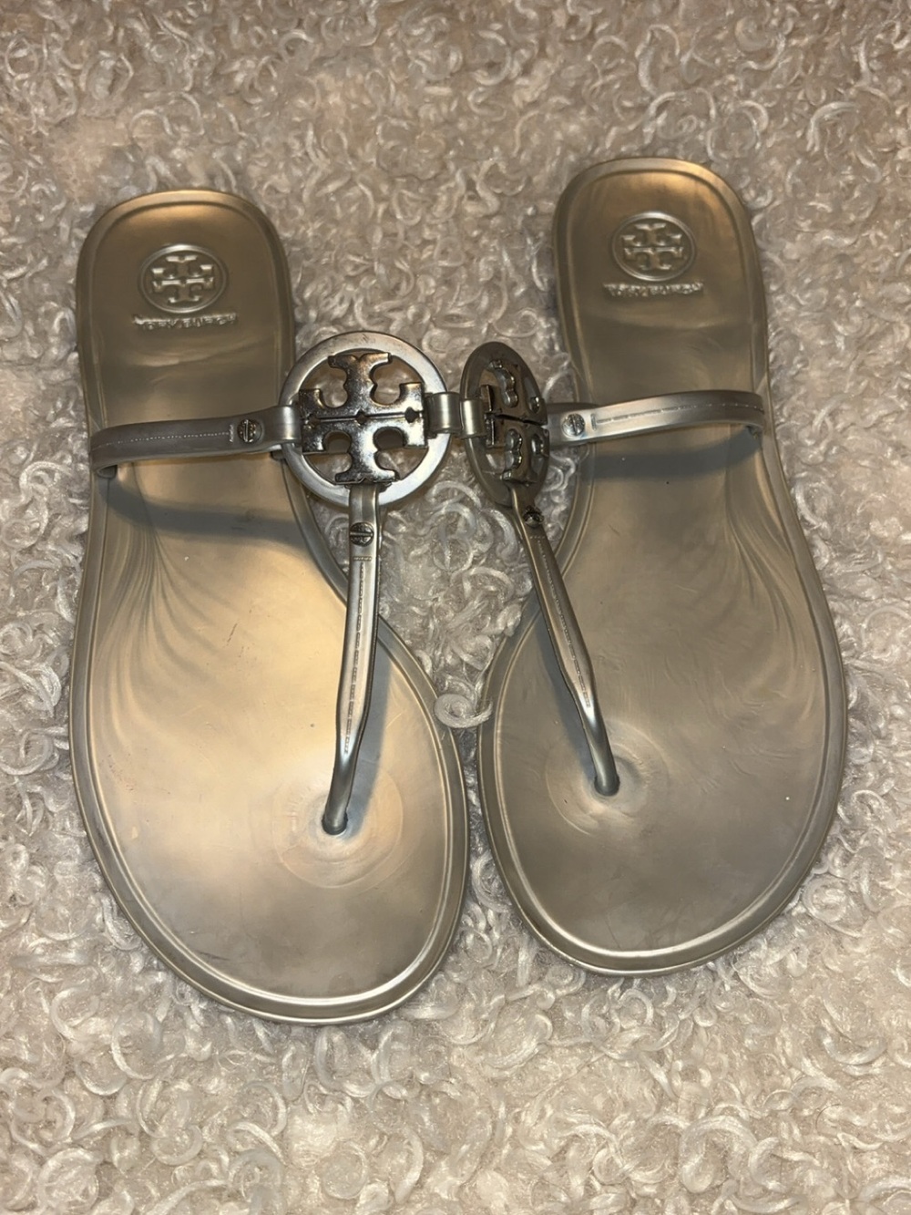 Tory Burch Metallic Silver Jelly Thong Sandals with Logo Medallion
